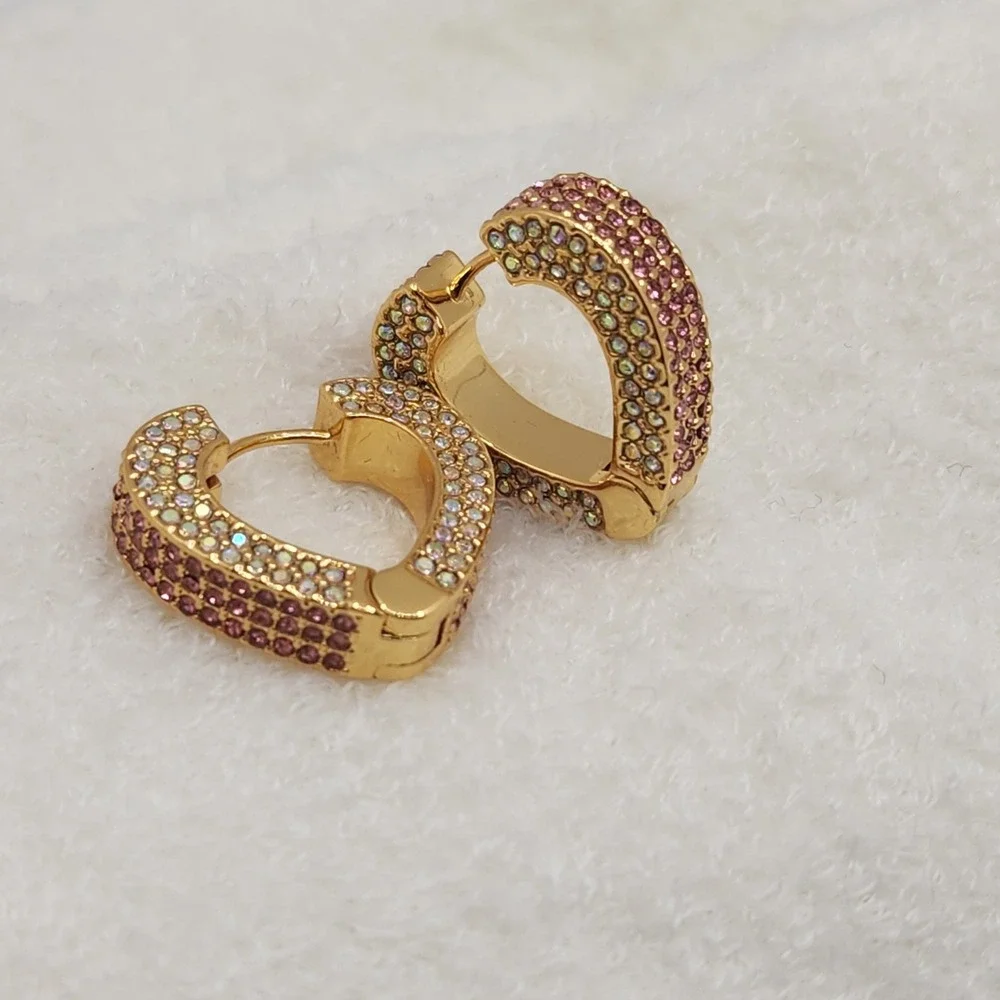 Kurt Geiger London Pave Heart Huggie Earrings Gold Pink Crystal Y2K Glam - Picture 5 of 8